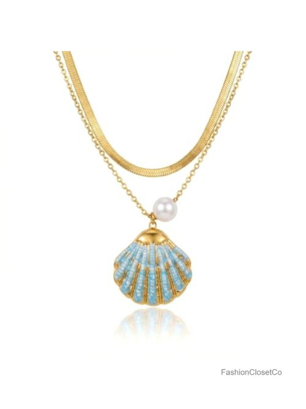 18K Gold Plated Layered Shell Necklace Stainless Steel Mermaid Charm
